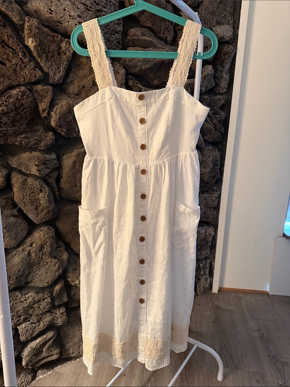Haute Hippie Ivory Button-Front Midi Dress with Lace Straps And Lace Hem